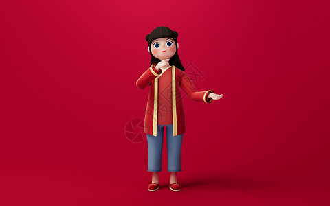 一个中国女孩 红色背景 卡通人物 3D演艺女孩卡通片新年问候语节日渲染青少年戏服传统庆典背景图片