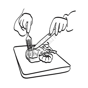 手切牛肉手握刀刀和叉切牛排插图解 用白色背景隔开的矢量双手绘制插画