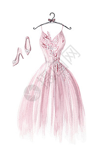 婚纱手绘白色背景的粉红色婚纱和粉红妇女鞋; 表白背景