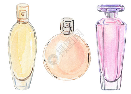 手绘香水粉红色和黄色香水玻璃瓶装手 在白色背景上单独抽取背景