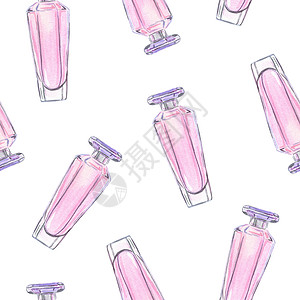 手绘香水白色背景的粉红色香水瓶 用于织物 纺织 剪布 包装纸 启蒙品等活动背景