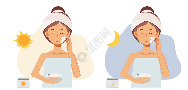 面部皮肤治疗概念 使用日间陶瓷和晚霜的女人 平面矢量卡通人物插画设计图片