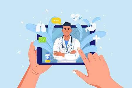 医生手持平板电脑在线咨询医生 虚拟医学 电脑屏幕上有医生在 Messenger 中聊天 使用平板电脑与治疗师进行视频通话插画
