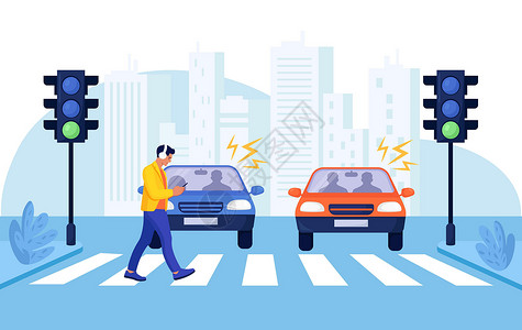 行人安全指示与行人的人行横道事故 男子带着智能手机和耳机在红色交通灯上过马路 道路交通安全 汽车事故危险 街道交通规则 都市生活方式设计图片
