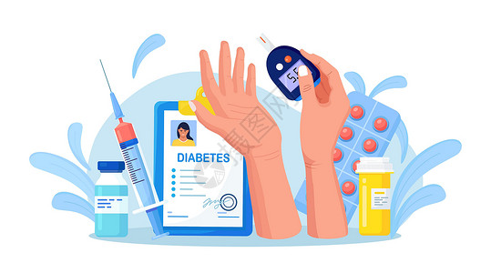 胰岛素注射器用血糖仪测量血液中的糖分 检测血液中的葡萄糖以进行低血糖或糖尿病诊断 有测试设备 注射器和小瓶 胰岛素 药片的患者 世界糖尿病意设计图片