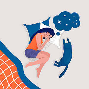 毯子上的猫晚上和猫一起睡觉的女人 女孩睡在羽绒被下的枕头上 和平的梦想和放松 休息时间和舒适的放松 好梦 身体健康就寝控制插图卧室睡眠羽绒插画