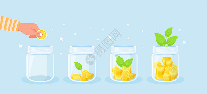 省钱的概念 手把硬币放在罐子里以节省开支 从金钱中生长的绿色植物 收入增长 财务储蓄增加 投资设计图片
