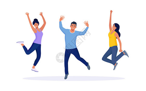 跳起来的快乐的人一起跳起来庆祝胜利 胜利或目标实现 团队或一群朋友举起手来 成功 凯旋设计图片