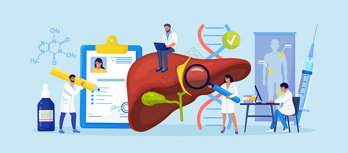 小医生治疗肝病 甲 乙 丙 丁型肝炎 肝硬化的医学诊断 一组医生检查病人的内脏 进行实验室测试 活检 分子分析药品显微镜感染器官背景图片