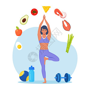 平衡膳食饮食计划 苗条的女人做运动和计划与水果和蔬菜的饮食 做瑜伽的女孩 饮食饮食 膳食计划 营养咨询 健康食品 运动 健康生活方式 健插画