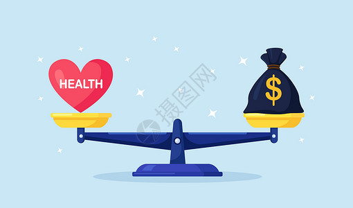 钱和健康素材金钱和健康平衡 医疗保健 规模上的财富收入 钱袋子与规模上的红心 生活方式和工作的不平衡 事业压力与健康生活的比较插画
