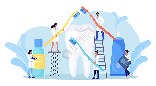 牙膏模特口腔医学 牙科 小牙医站在大牙周围清洁 用龋齿治疗不健康的牙齿 医生刷牙 清洁牙菌斑 牙科检查 牙科预约设计图片