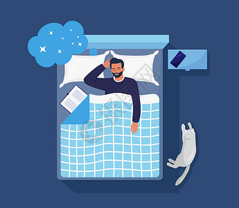 毯子上的猫晚上睡觉的人带着书和猫 人睡在羽绒被下的枕头上 和平的梦想和放松 休息时间和舒适的放松 好梦 身体健康控制小憩就寝苏醒羽绒被卧室插画