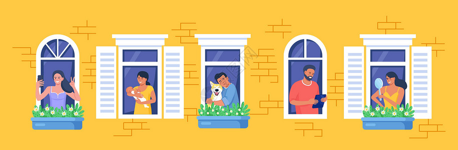 房子的外墙与邻居和狗在窗户上 快乐的男人和女人从公寓里看书 拍照 打电话聊天 拥抱 抱着孩子 呆在家里 日常活动停留邻里社区朋友背景图片