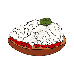 达科斯传统的希腊餐饮 用奶酪和西红柿的克里坦小吃 病媒人工绘画 菜单咖啡厅 面包店 餐厅的设计要素蔬菜海报插图横幅涂鸦沙拉食谱手背景图片