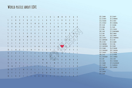 情人节字谜填字游戏  在脑力劳动拼图中找到列出的关于爱情的单词 注意力测试 英文猜谜游戏 单词向前和向下工作语言英语教育意义谜语背景图片
