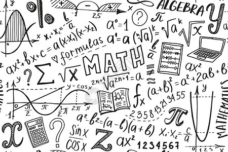 数学符号图标集 代数或数学学科涂鸦设计 教育和学习理念 回到笔记本的学校背景 而不是笔记本 速写本 手绘插图电脑公式补给品科学草插画