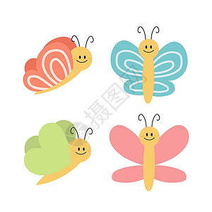 手绘艺术蝴蝶卡通蝴蝶 可爱的笑容 用于幼稚的设计 矢量艺术淋浴翅膀插图动物标识绘画野生动物卡片手绘背景
