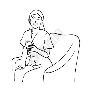 沙发上的女人在沙发插图上持智能手机的艺术一行笑脸商业女商务人士 将白色背景与世隔绝的矢量手画在沙发上设计图片