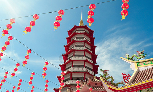 塔上灯笼红灯笼装饰 背面有塔塔 天空清蓝建筑寺庙旅行节日蓝天信仰祷告庙宇月球佛教徒背景