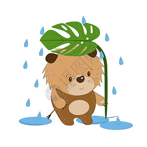 带假期和雨水的可爱卡通小狮子宝宝背景图片