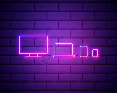 深色墙发光的霓虹灯电脑显示器 平板电脑和手机图标隔离在深色背景上 在互联网上的收入 营销 在砖墙上隔离的矢量图标集插画