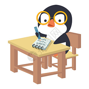 坐在冰箱里可爱企鹅在纸上写作设计图片