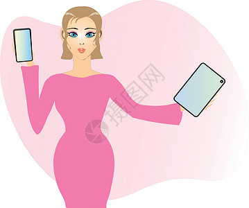 工具间迷人的女士插图与手机和平板电脑 社交网络 互联网工作社交媒体 办公室工作设计图片