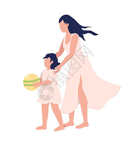 赤脚的孩子母亲持有小女儿半平板颜色向量字符设计图片