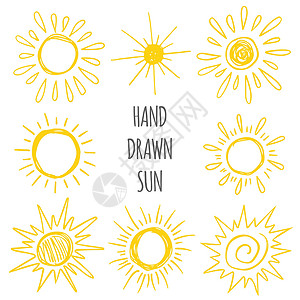 手工绘制一套有趣的矢量涂鸦太阳装饰品卡通片生日草图横幅晴天天气星星艺术插图背景图片