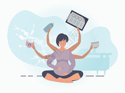 孕妇看平板电脑孕妇瑜伽; 怀孕快乐; 设计时用温和色彩的贺卡或海报; 漫画风格中的矢量插图插画