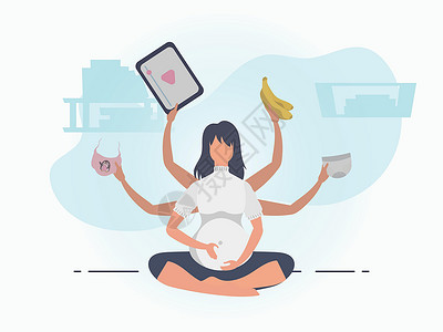 孕妇肚子矢量孕妇瑜伽 瑜伽和孕妇运动;设计时用蓝颜色的条纹;卡通风格的矢量插图设计图片