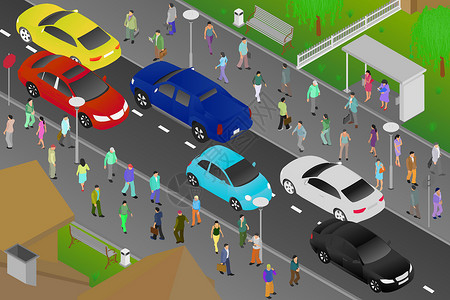 城市公交车站一条繁忙的街道 车辆在行驶 行人在人行道上行走 日常城市生活的明亮例证 平面样式 等距视图 矢量图插画