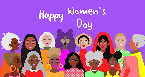 国际妇女节 不同年龄 民族和文化的美丽女性 平等 妇女团结 为自由和独立而战 贺卡 模板 印刷品背景图片