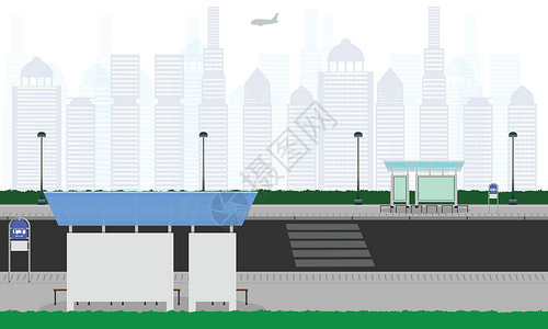 户外马路对面城市公交车站 atm bin 杆灯标志水平矢量图 eps10插画