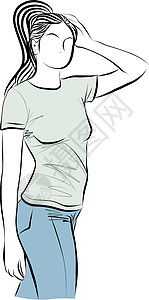时装女素描 手画着穿T恤和牛仔裤的年轻美女女性青少年潮人时尚牛仔布艺术艺术品创造力插图衣服背景图片