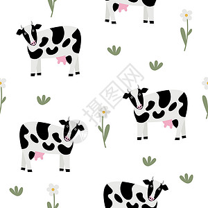 无缝模式 奶牛和白背景的叶子背景图片