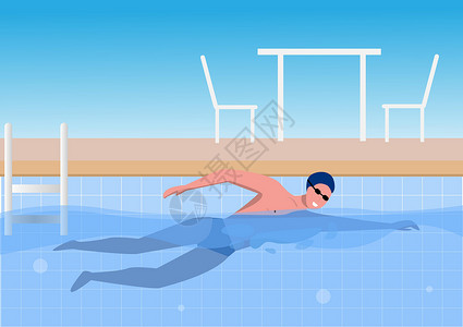穿泳装女孩子一个穿运动服在游泳池游泳的年轻人 平式漫画插图矢量设计图片