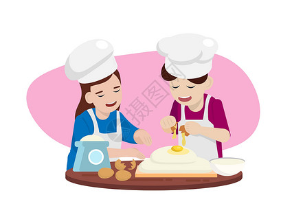 做面食的厨师正在做蛋糕的男人和女人的微笑 享受烘焙 烹饪或烘焙的乐趣 可爱的夫妻在一起享受他们的爱好 卡通平炫彩矢量图片插画