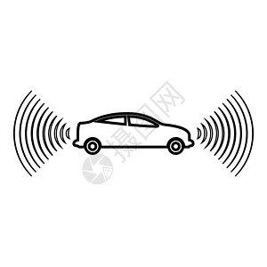 汽车技术互联网的信号汽车无线电信号传感器智能技术自动驾驶前后方向轮廓轮廓线图标黑色矢量插图图像薄平面样式插画