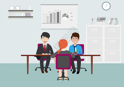 置业顾问招聘求职者在办公室面试时回答人力资源管理员的问题 请访问InfoFinland上的插画