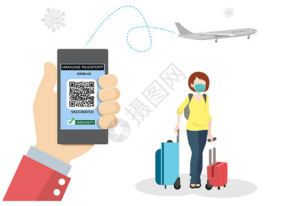 索道上游客移动电话屏幕上应用程序的电子健康护照有QR码 即飞行权 平板式卡通插图矢量等电子健康护照设计图片