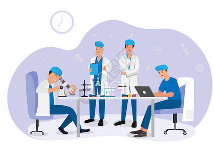 一组医学生做实验室实验孤立的平面矢量图卡通科学家做研究或化学测试化学 医学和科学的概念背景图片
