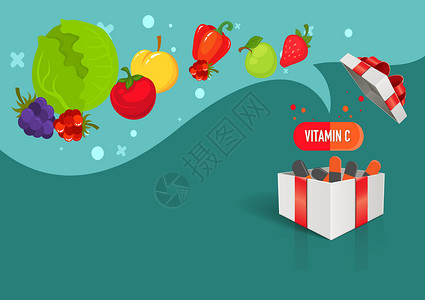 水果 蔬菜 浆果和草药中的维生素 C 用于制作胶囊 对于那些不喜欢吃新鲜水果和蔬菜的人来说很容易吃 平面样式卡通插图矢量背景图片