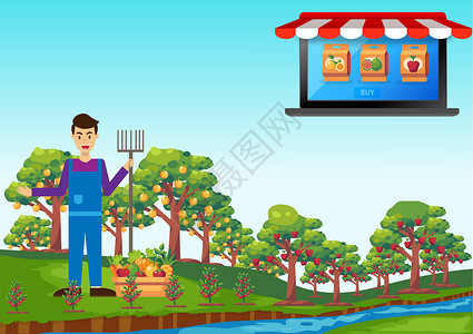 水果农场的主人邀请顾客到农场买东西 有苹果 橙子和鳄梨出售 平面样式卡通插图矢量图背景图片