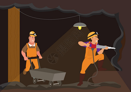 地下长廊式展厅身穿制服的男子在地下开采煤矿工作 平式卡通画插图矢量插画