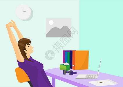 大学生职业生涯规划女孩坐在桌子上 双手举起头顶 因为她用笔记本电脑工作 直到完成任务 平式卡通插图(Plap Style)设计图片