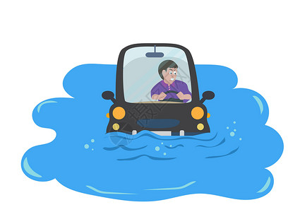 汽车水在水坑里淹死的汽车 司机脸部很忧心 这是雨后洪水造成的 平式卡通插图矢量是平板的插画