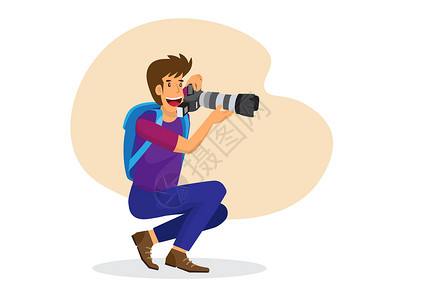 高端访谈男性摄影师持有高端照相机 长镜头 拍摄远方鸟类或动物照片 平式卡通矢量插图插画