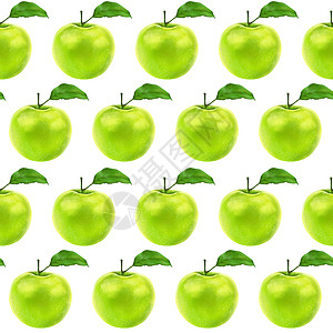 插图现实主义无缝图案水果苹果绿色白色孤立背景收成植物季节花园绘画果汁叶子水彩农业植物学背景图片